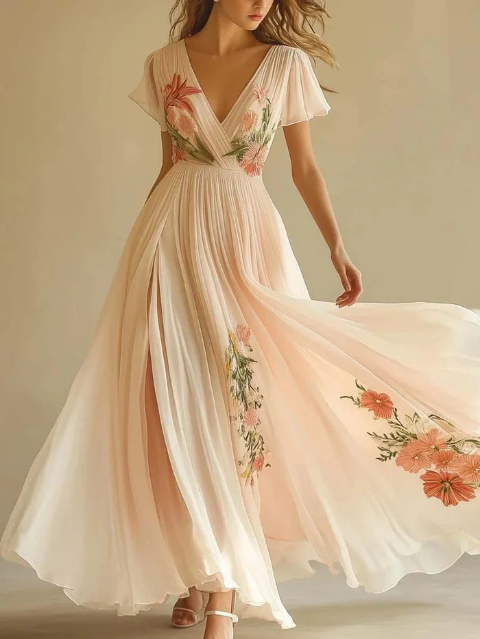 Robe Femme Fleurie Col V Manches Longues Style Boho Vacances | MDN Store 25