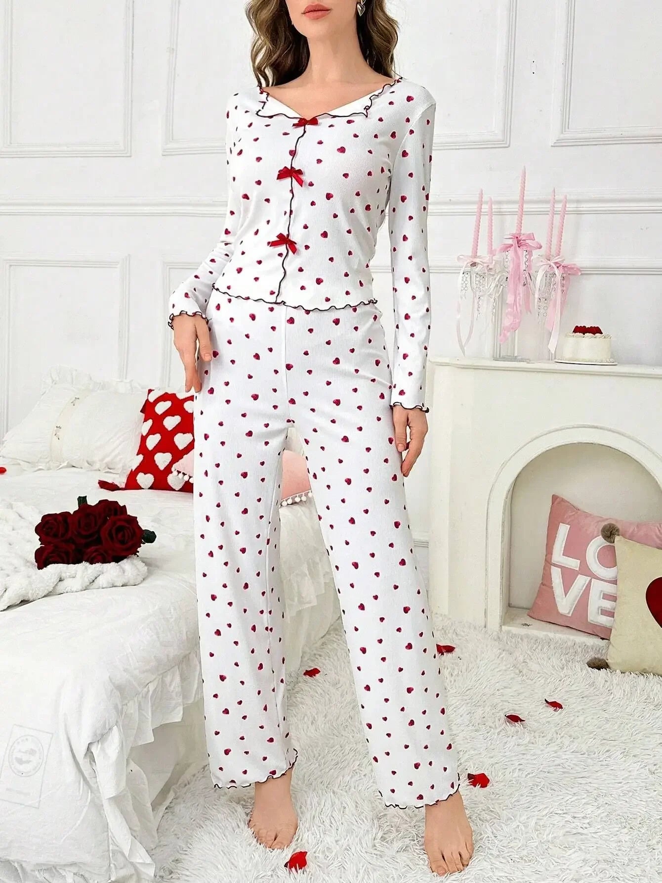 Pyjama Femme Rouge Cœurs 2 Pièces Manches Longues | MDN