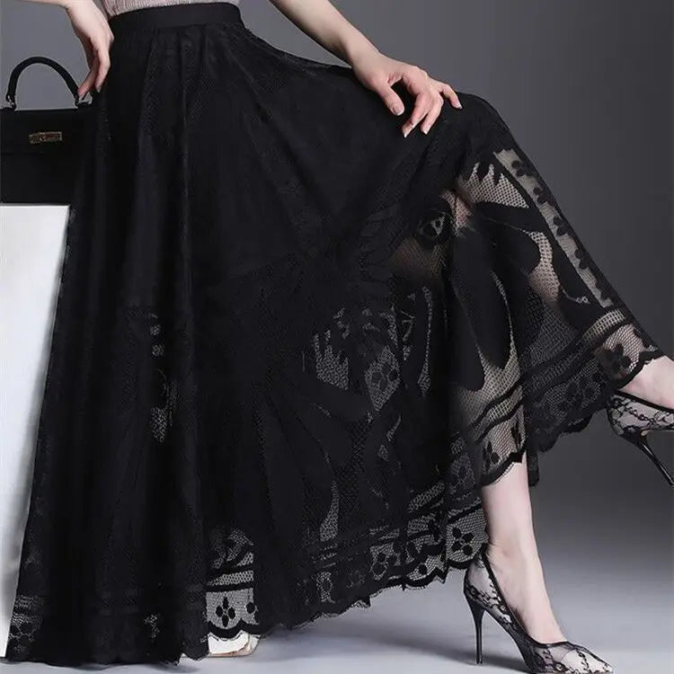 Jupe Longue Dentelle Plissée Taille Haute | MDN Store