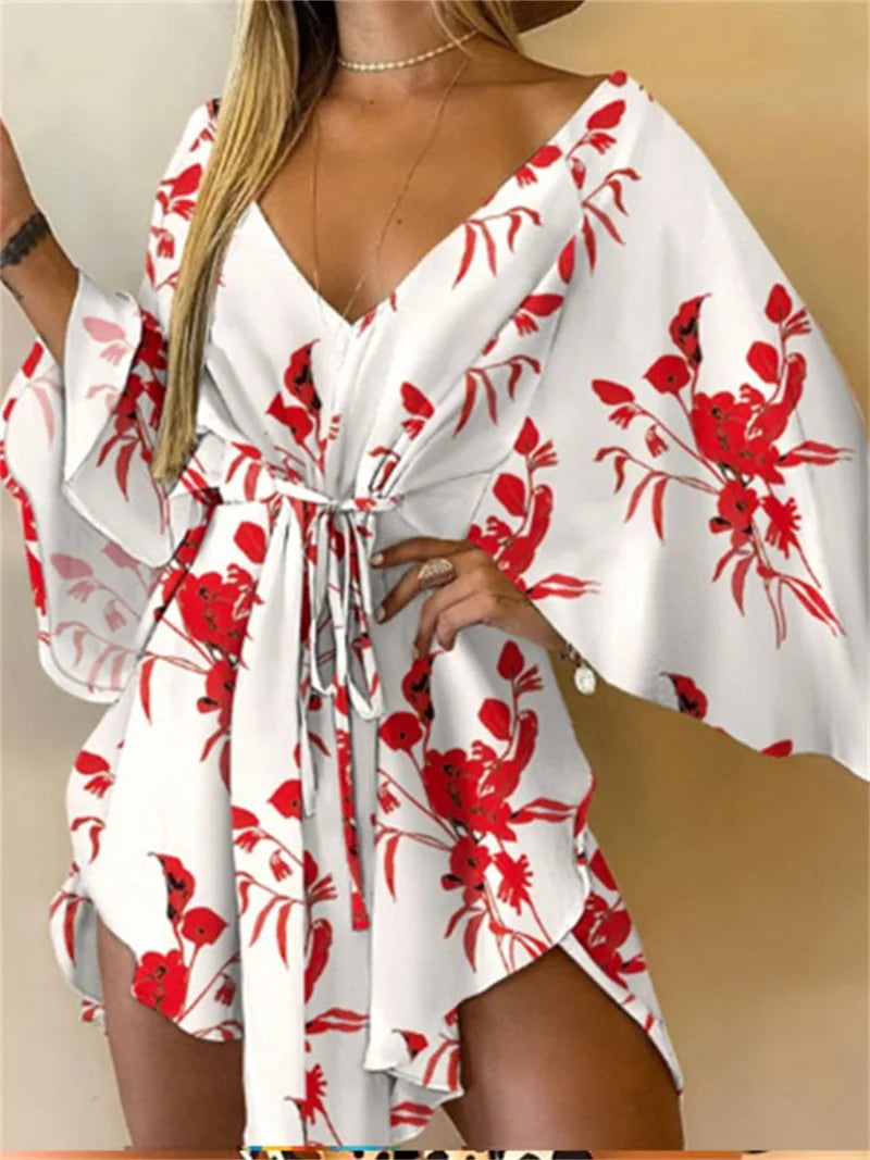 Robe Kimono Plage Femme Imprime Floral Col en V Manches Chauve-Souris | MDN Store 25