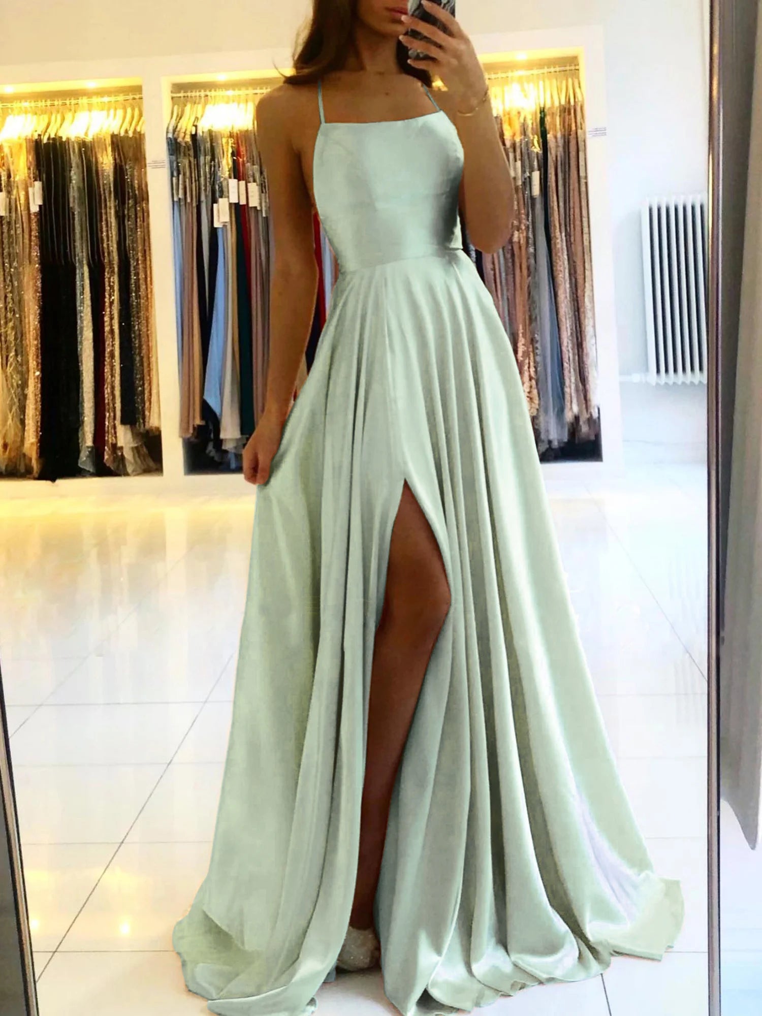 Robe Longue Satinee Col Benitier Bretelles Nouees Fente Haute | MDN Store