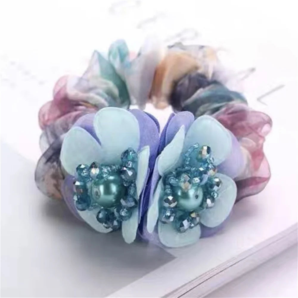 Chouchou Perle Brillante Fleur Organza Transparent - Élastique Cheveux Fille... | MDN Store