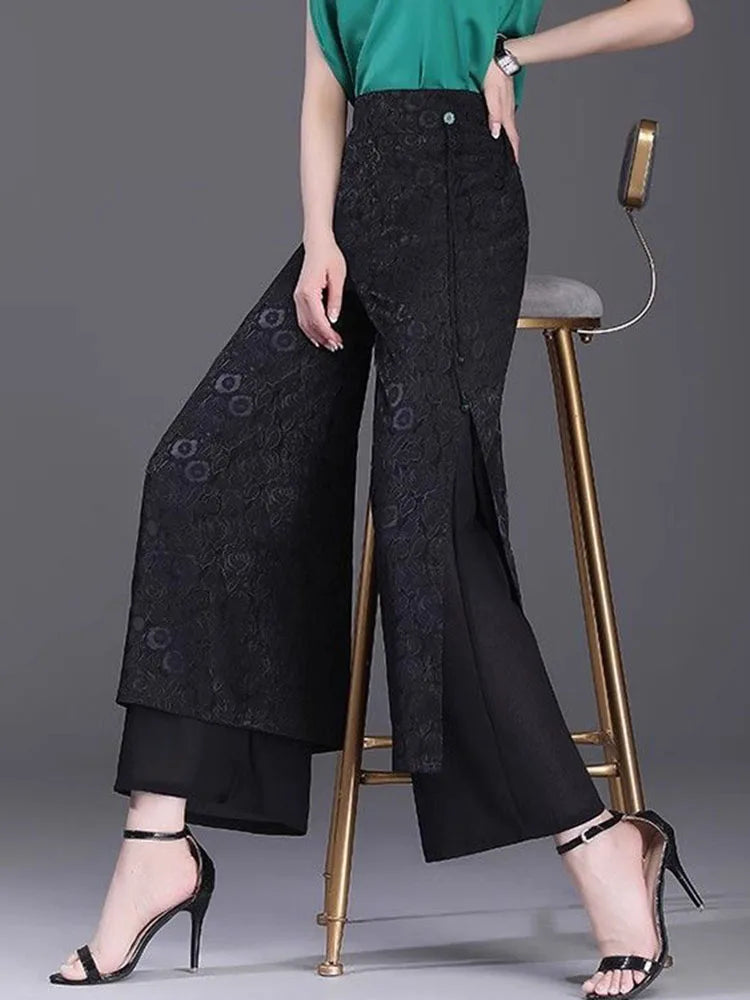 Pantalon Large Taille Haute Jacquard Noir | MDN Store