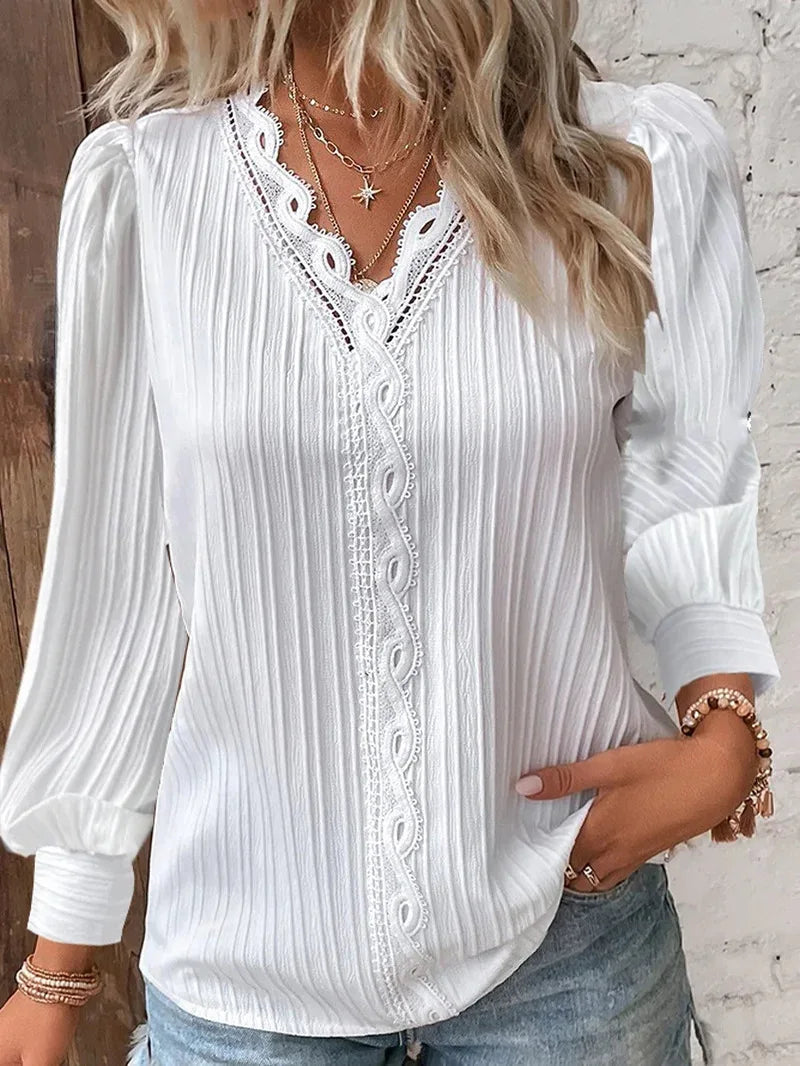 Élégant Été Hollow Dentelle Patchwork Femme Chemise Chic Blouse Col | MDN Store