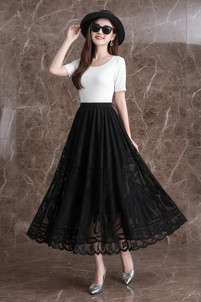 Jupe Longue Dentelle Plissée Taille Haute | MDN Store