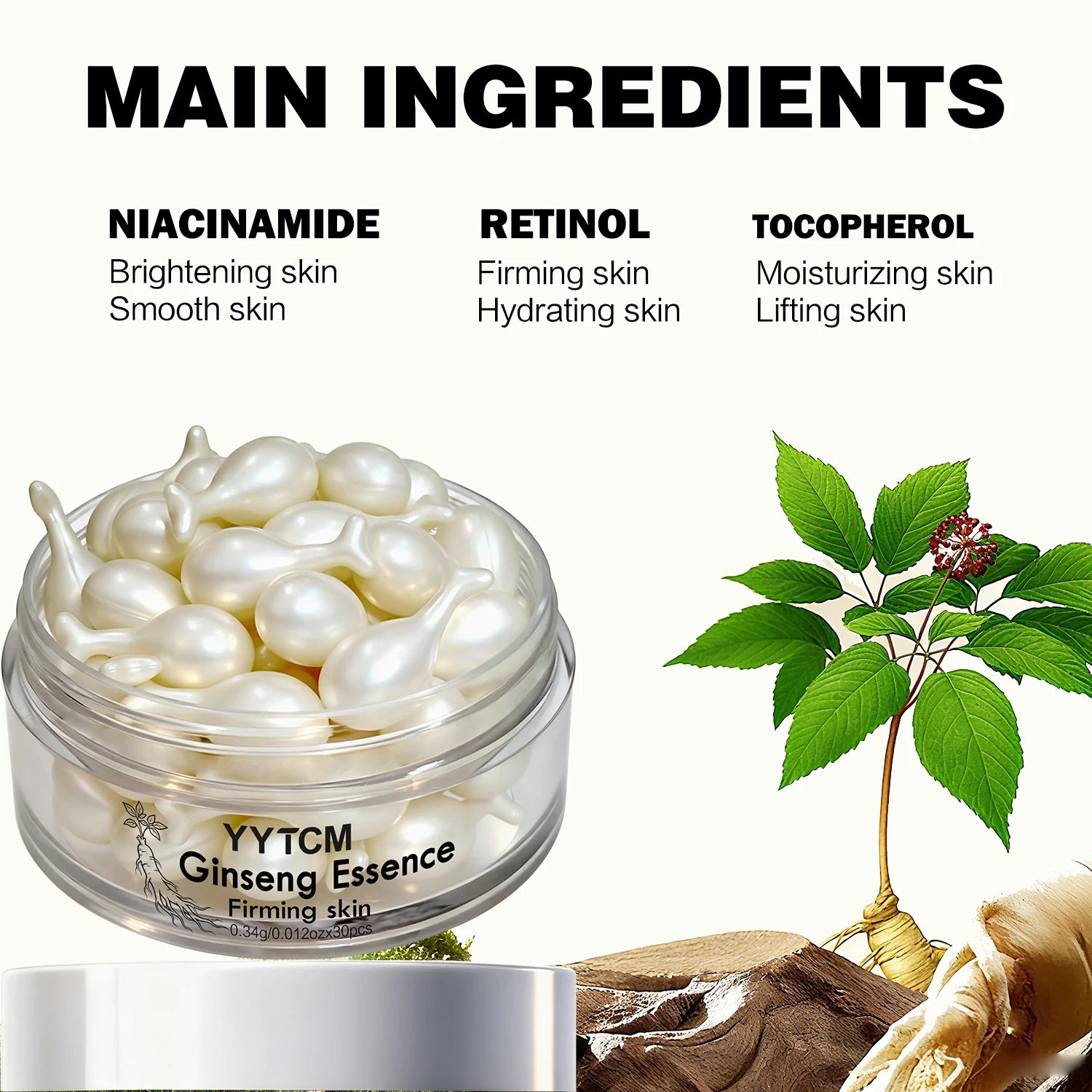 Capsules Ginseng Hydratantes Squalane Niacinamide Vitamine E Rétinol | MDN Store 25