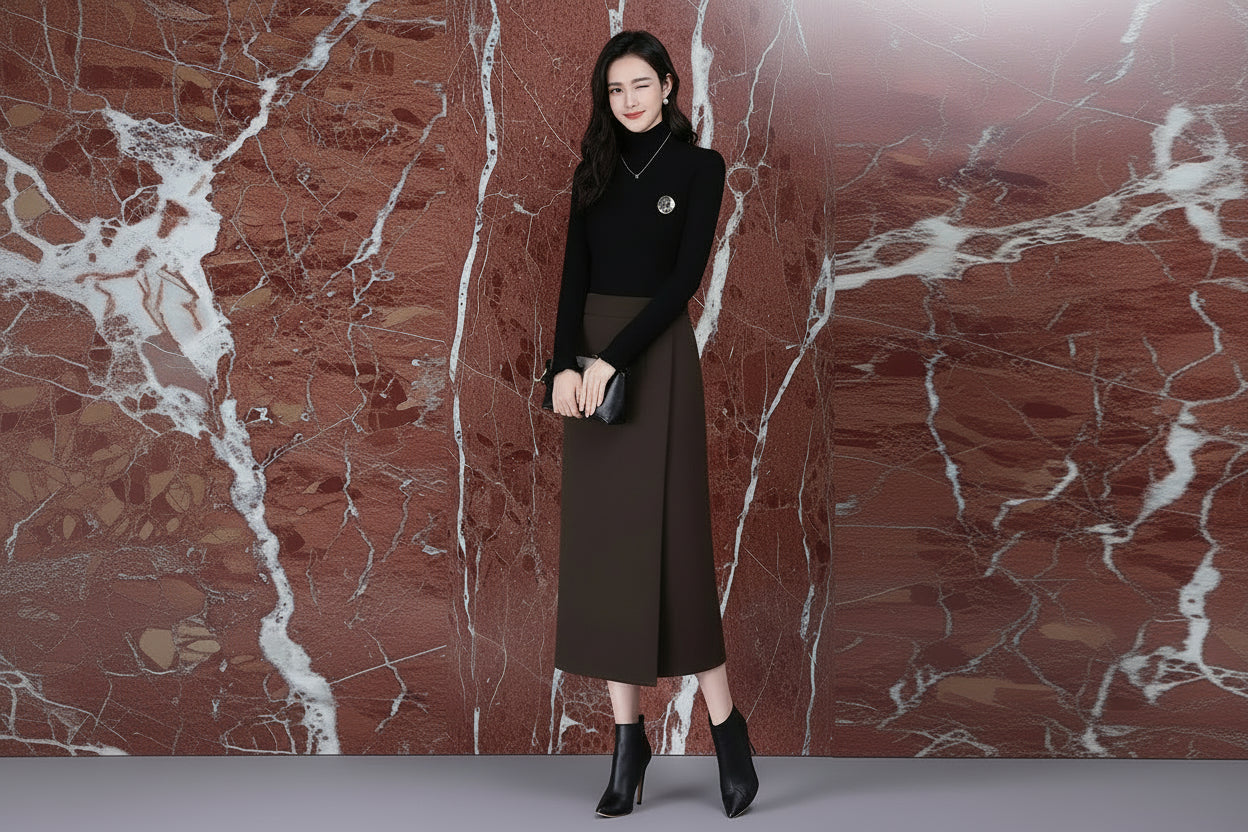 Jupe Droite Fendue en Laine Élégante Automne-Hiver | MDN Store
