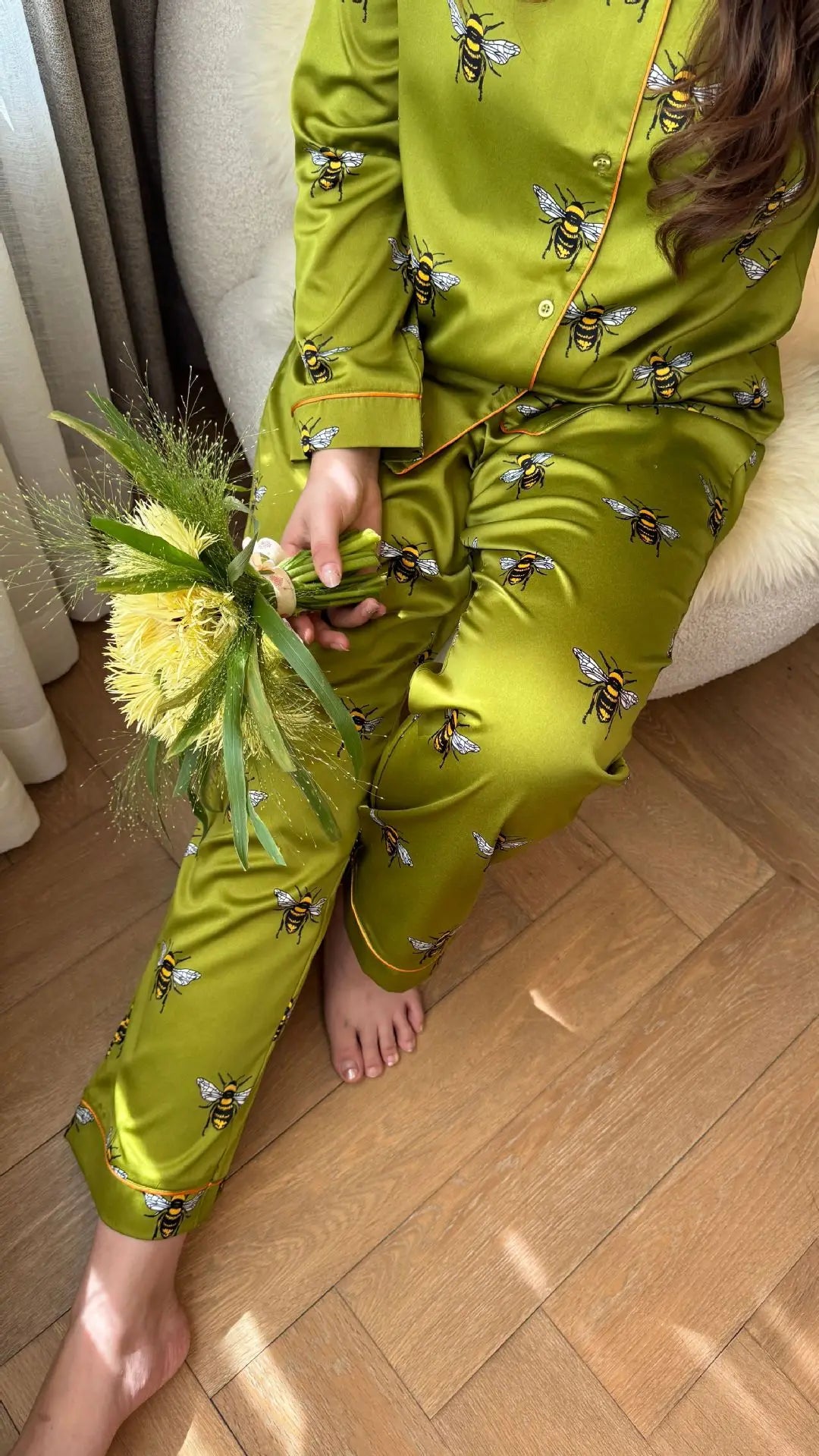 Pyjama Satin Abeilles Vert | MDN