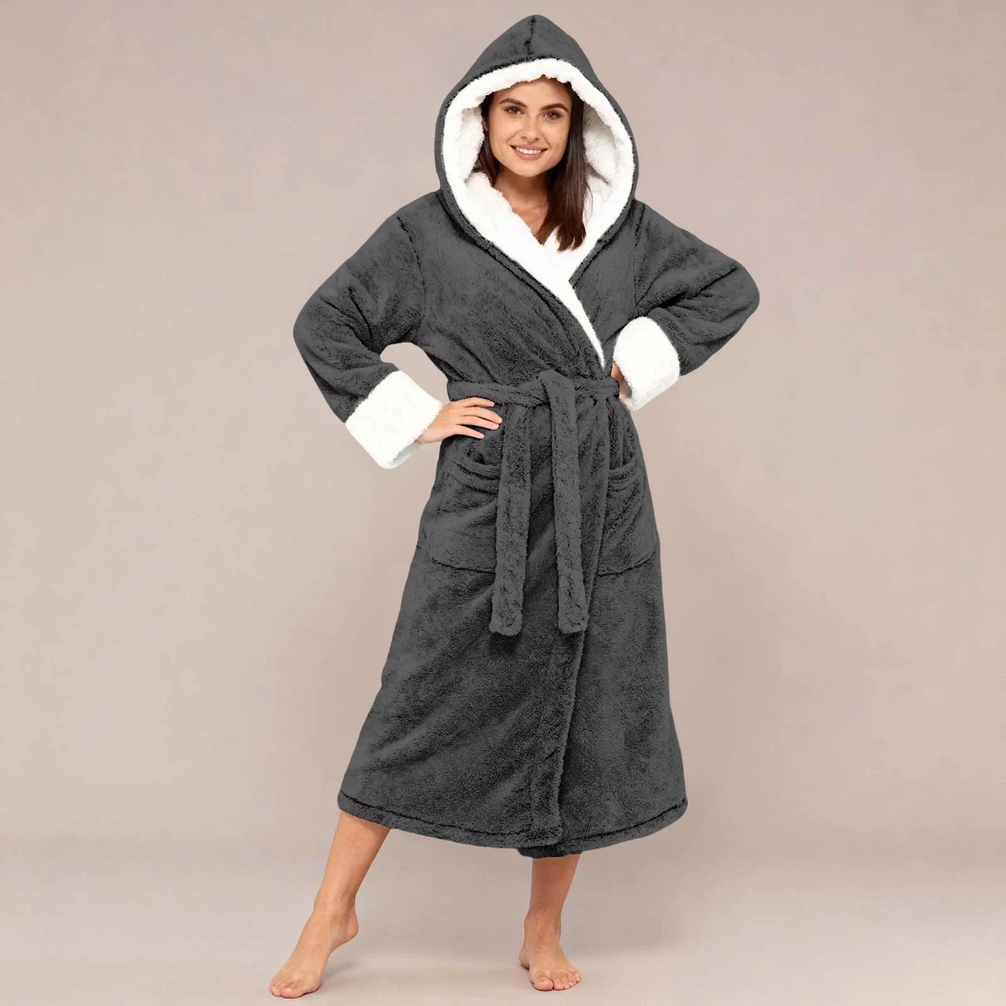 Peignoir Femme Peluche Ceinture Manches Longues Hiver | MDN