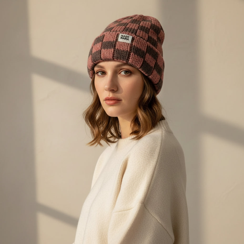 Bonnet Plaid Laine Tricotée Femme - Chaud Hiver Coupe-Vent | MDN