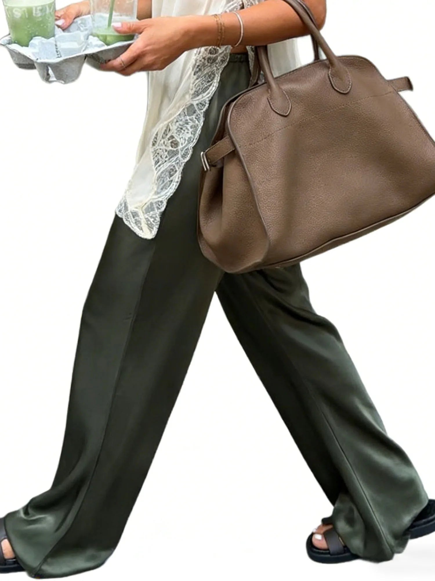 Pantalon Large Satin Taille Haute Femme | MDN Store