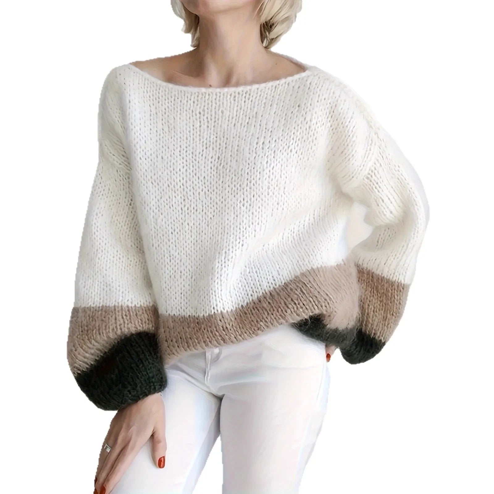 Pull Femme Col Rond Bicolore Ample Color Block Tricot Doux S-XL | MDN Store