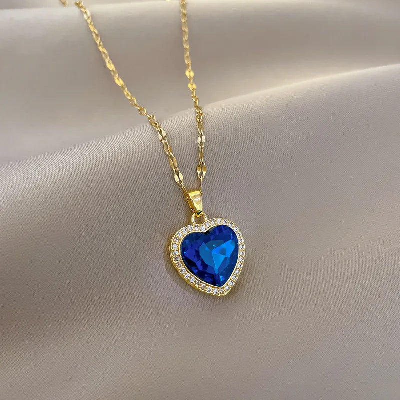 Collier Cœur Acier Inoxydable Zircon Bleu Femme | MDN