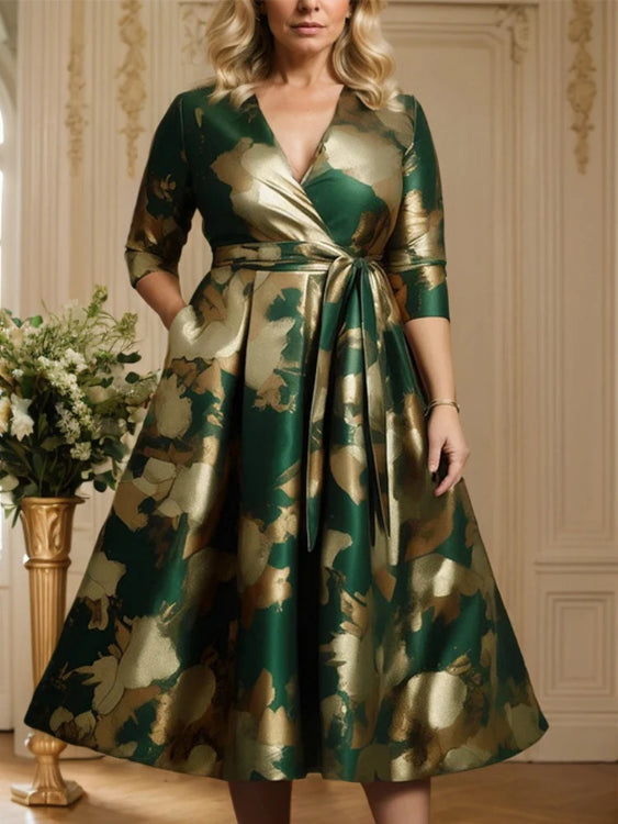 Robe Satin Florale Grande Taille Col V Mi-Longue | MDN Store