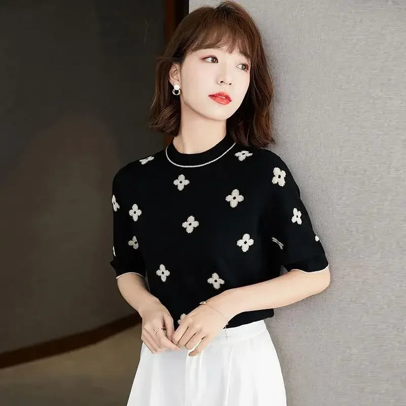 Pull Femme Brodé Fleurs Manche Courte Été Élégant - MDN