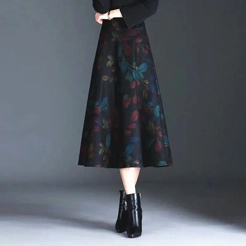 Jupe Midi Femme Laine Imprimée Taille Haute - Automne Hiver A-line | MDN Store