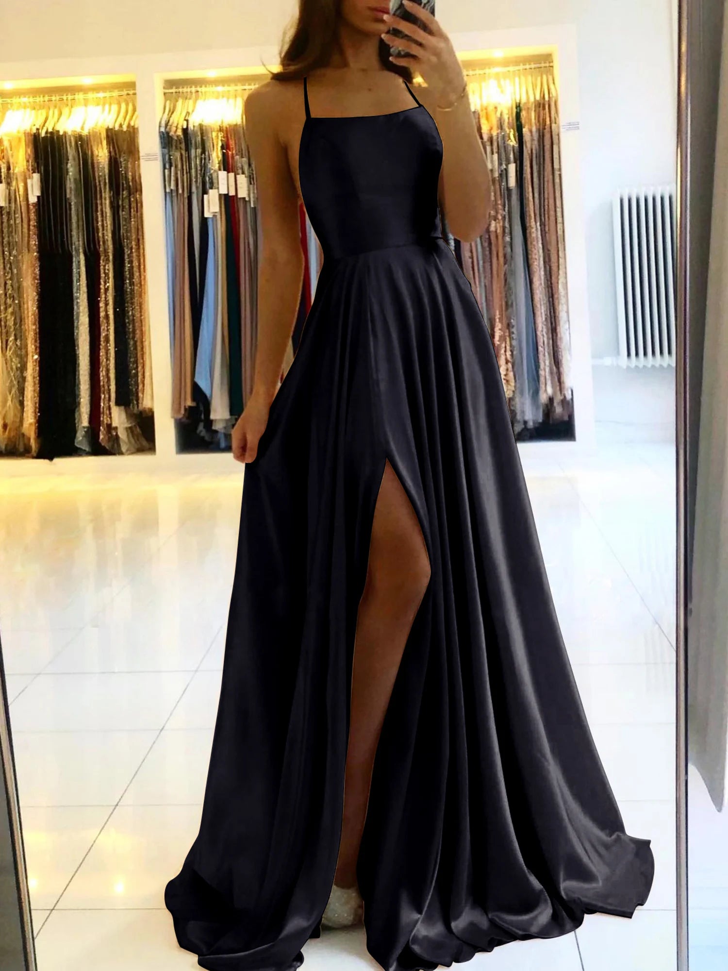 Robe Longue Satinee Col Benitier Bretelles Nouees Fente Haute | MDN Store
