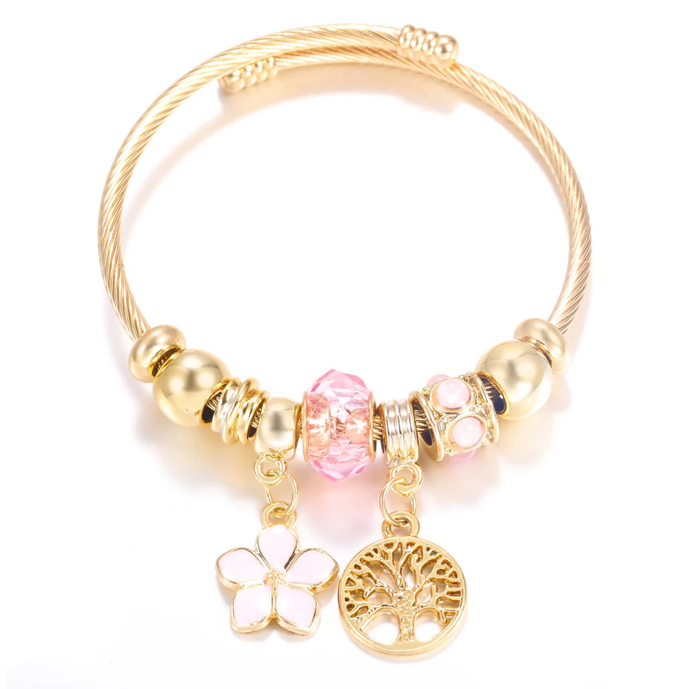 Bracelet Femme Acier Inoxydable Doré Fleurs Strass 4 Couleurs | MDN Store