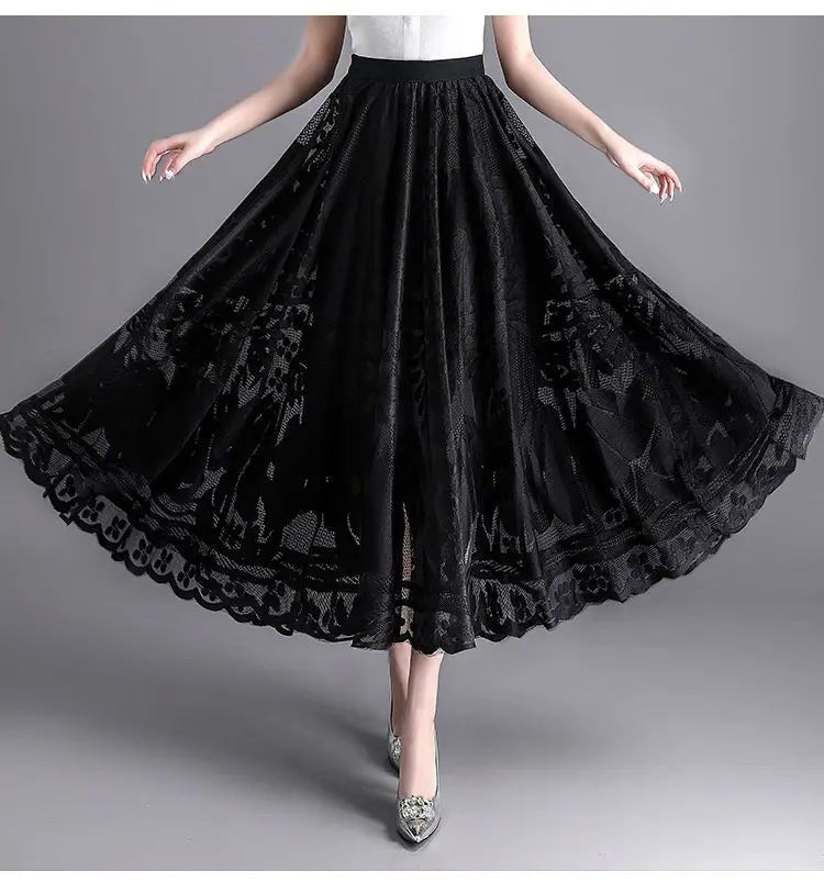Jupe Longue Dentelle Plissée Taille Haute | MDN Store