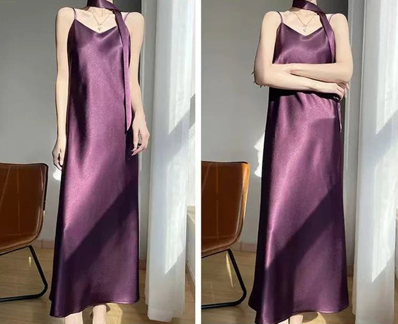 Robe Nuisette Satin Bretelles Ruban Midi 6 Coloris | MDN Store