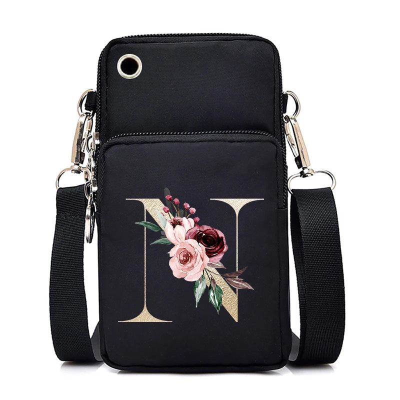 Sac à Main Bandoulière Lettre Initiale Fleurs Roses - Mini Sac Téléphone Femme | MDN