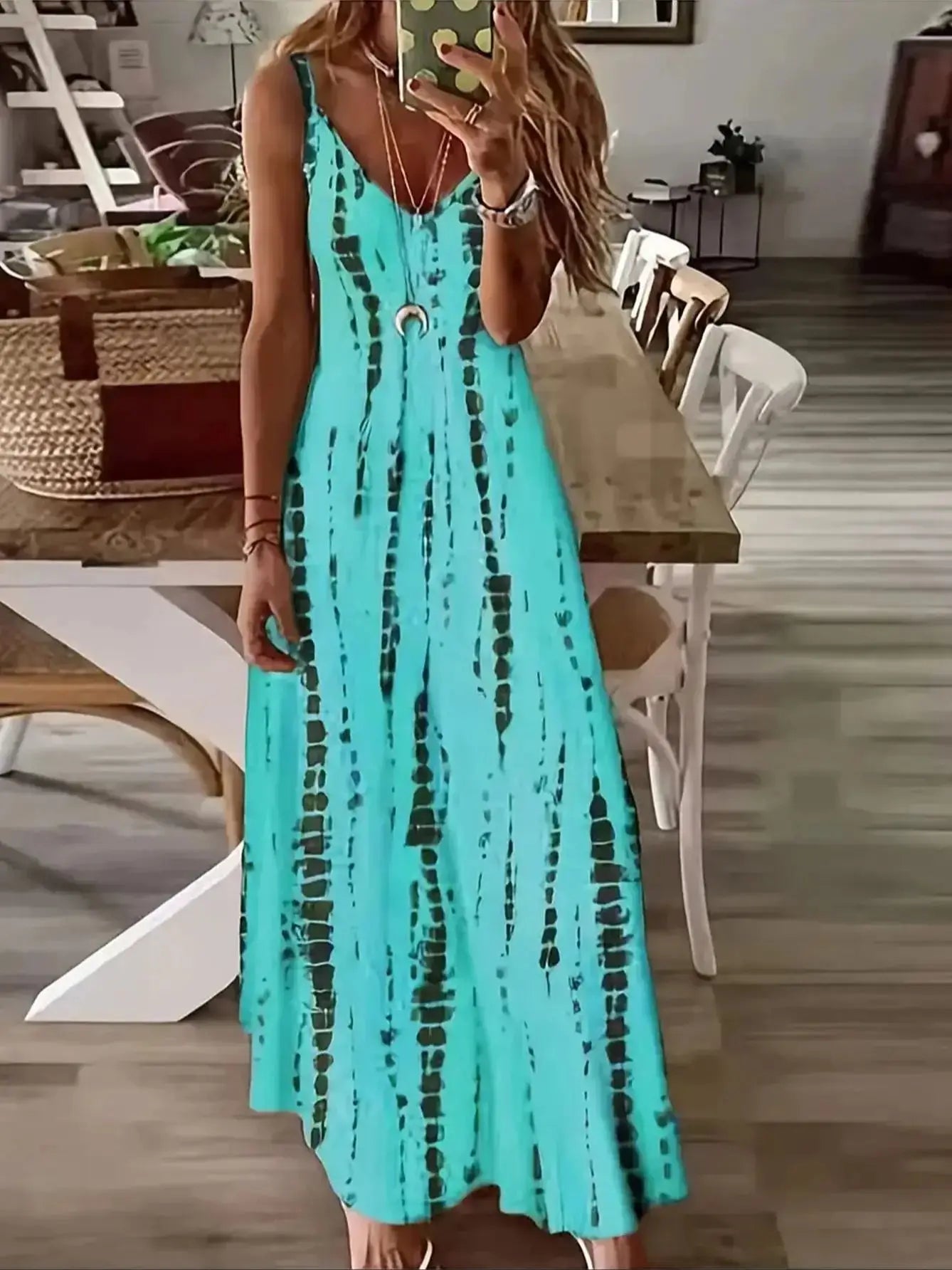 Robe Maxi Tie Dye Col V Bretelles Spaghetti Plage | MDN