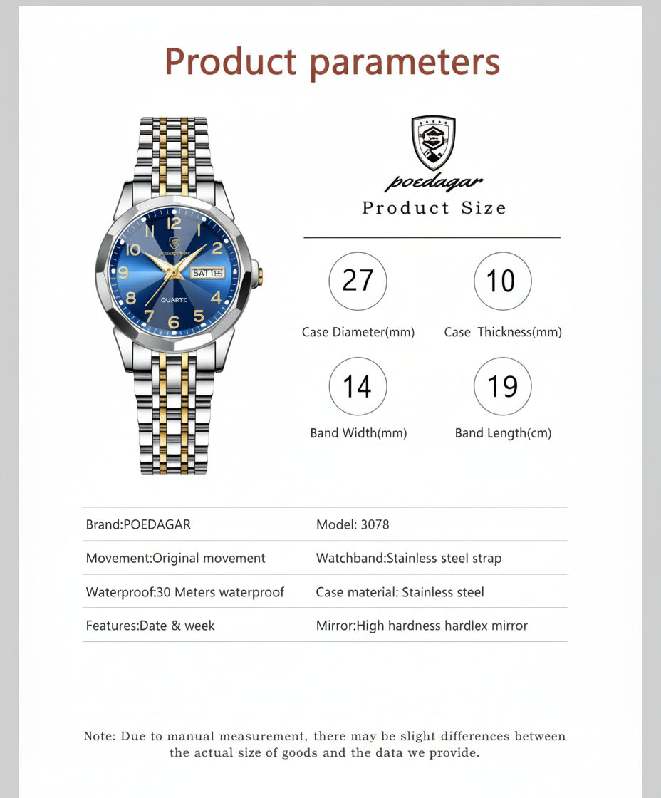 Montre Femme POEDAGAR Acier Inoxydable - Étanche Lumineuse Date Semaine Quartz | MDN