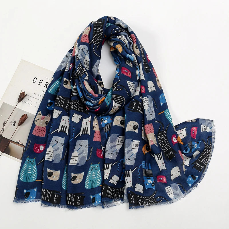 Écharpe Longue Viscose Chat Cartoon Coloré Femme | MDN Store