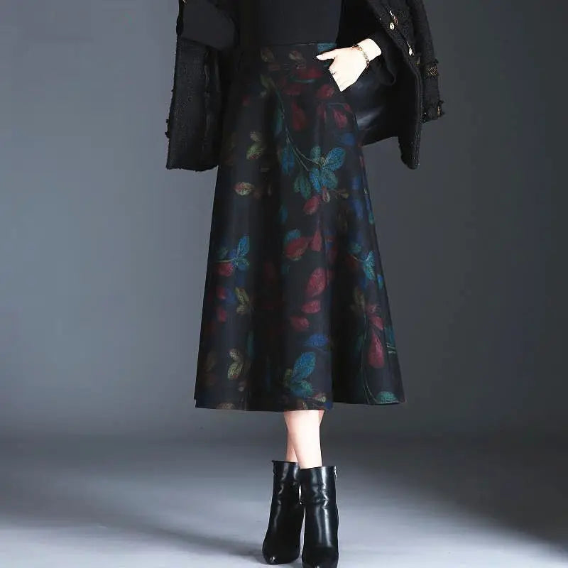 Jupe Midi Femme Laine Imprimée Taille Haute - Automne Hiver A-line | MDN Store