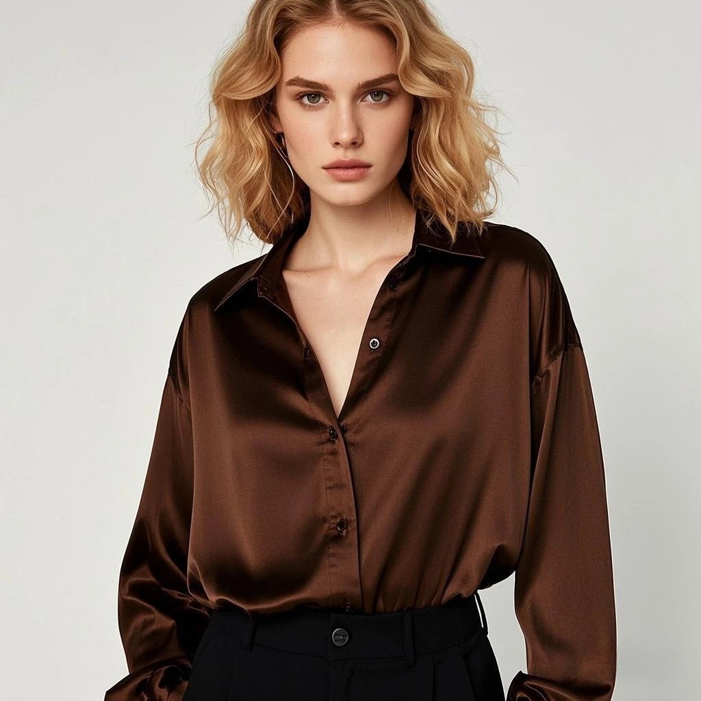 Korean Bureau Femme Trend Décontracté Chemise Élégant Blouses pour Femme Satin Multicolor Basic Slim Chemise Uni All-Match