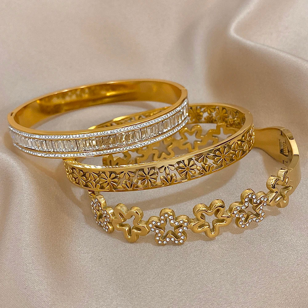 Bracelet Manchette Fleur Strass Acier Inoxydable Retro Femme | MDN Store