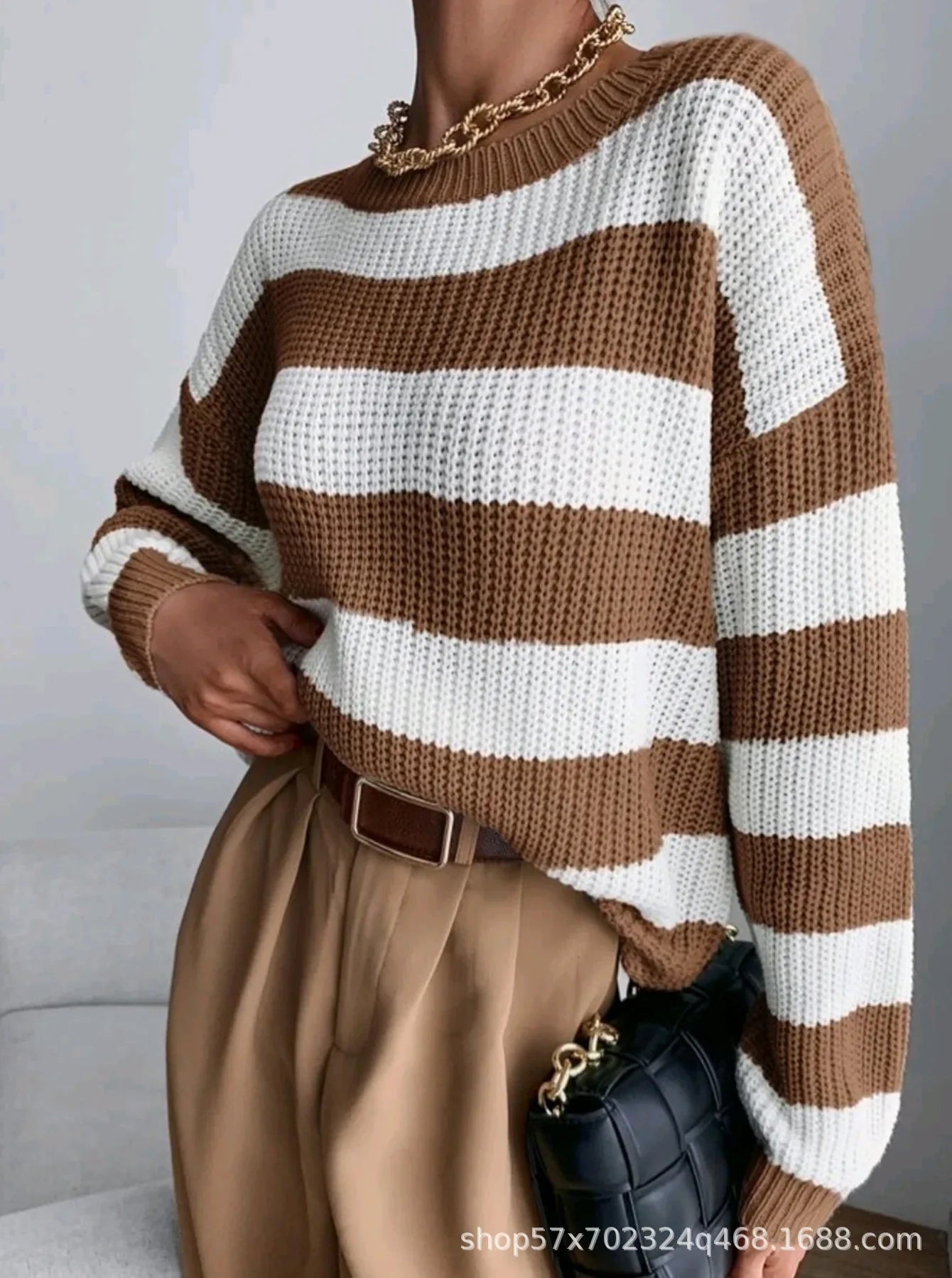 Pull Femme Loose Raye Manches Longues Tricot Epais 2 Coloris | MDN Store