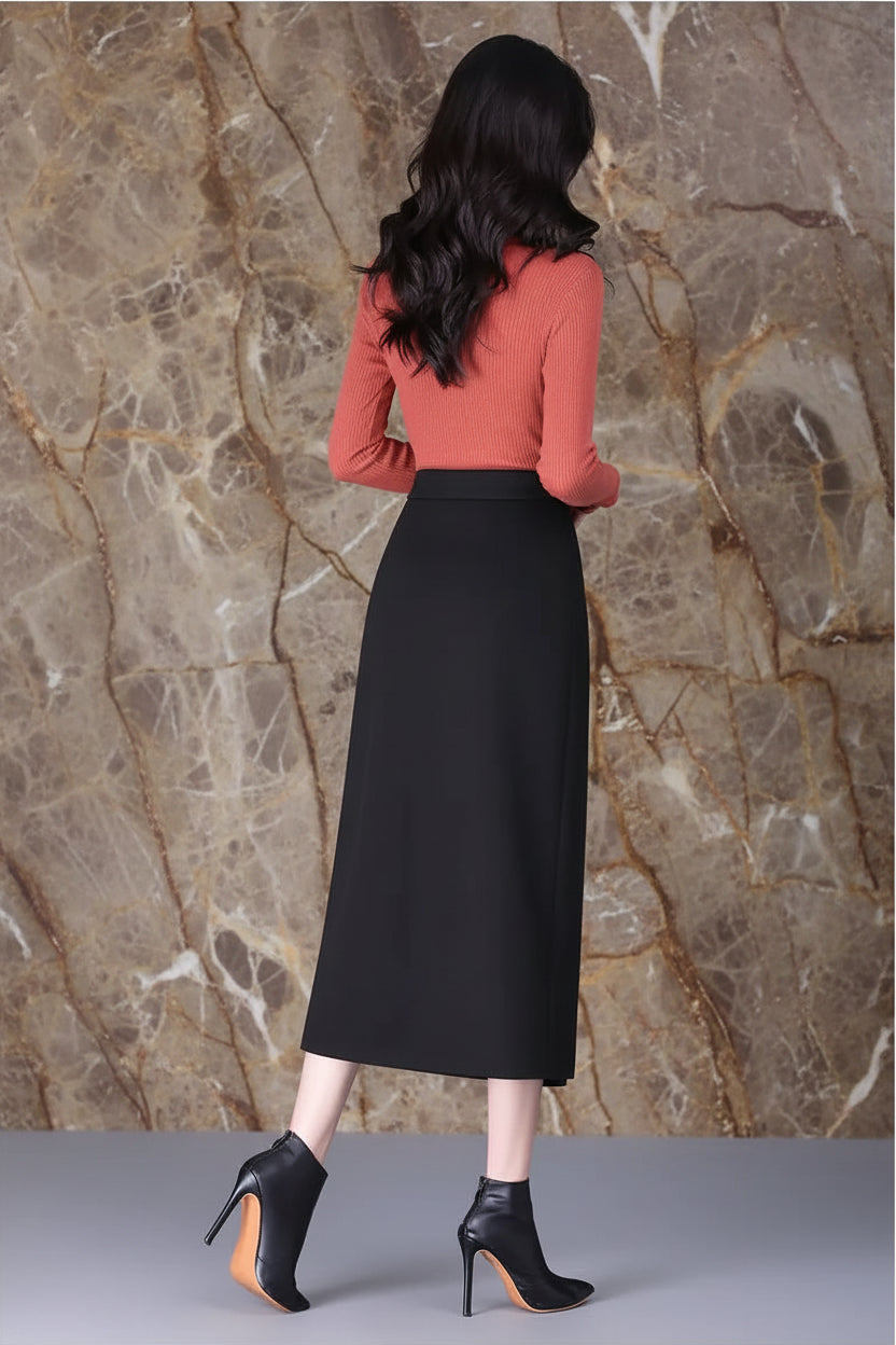 Jupe Droite Fendue en Laine Élégante Automne-Hiver | MDN Store