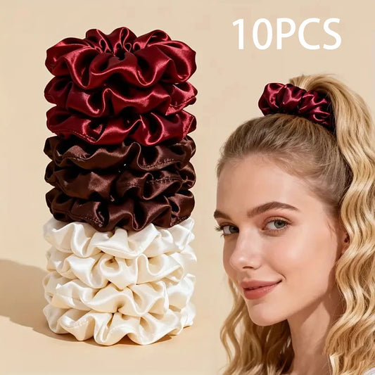 Lot de 10 Chouchous Satin Bordeaux Marron Crème Élégants pour Femme Fille | MDN