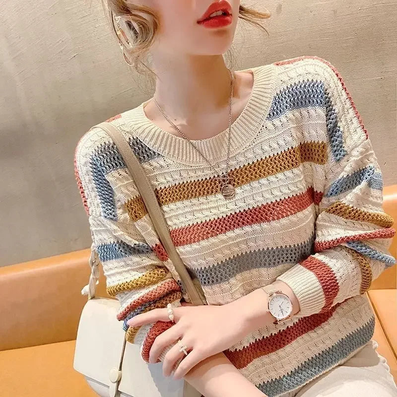 Pull Femme Raye Ajoure Court Ample Fit Manches Chauve-Souris 3 Coloris | MDN Store