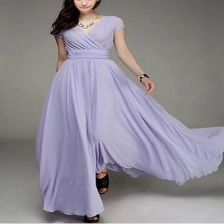Robe Longue Femme Mousseline Manches Courtes Soiree Élégante | MDN Store