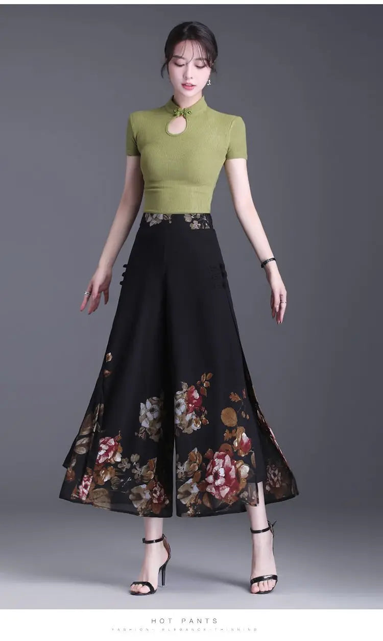 Pantalon Grande Femme Mousseline Floral Noir Jaune | MDN Store