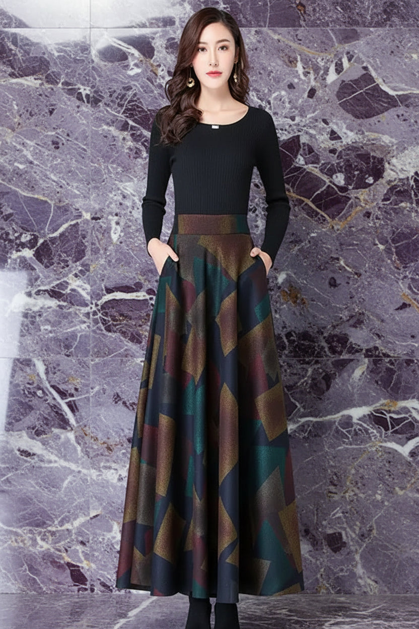 Jupe Midi Femme Laine Imprimée Taille Haute - Automne Hiver A-line | MDN Store