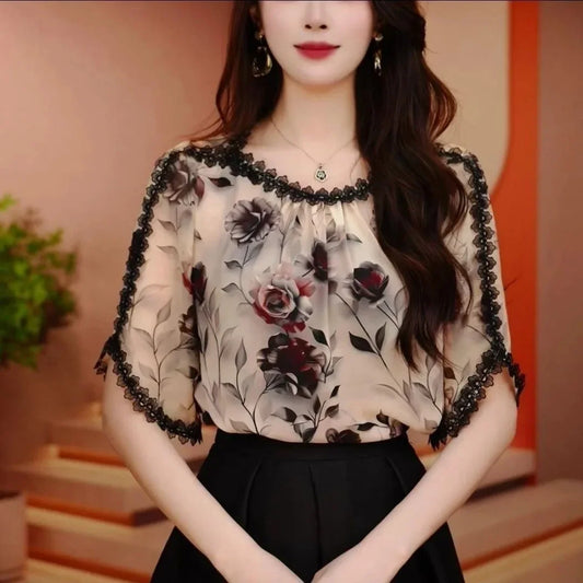 Top Dentelle Manches Courtes Floral Rose | MDN