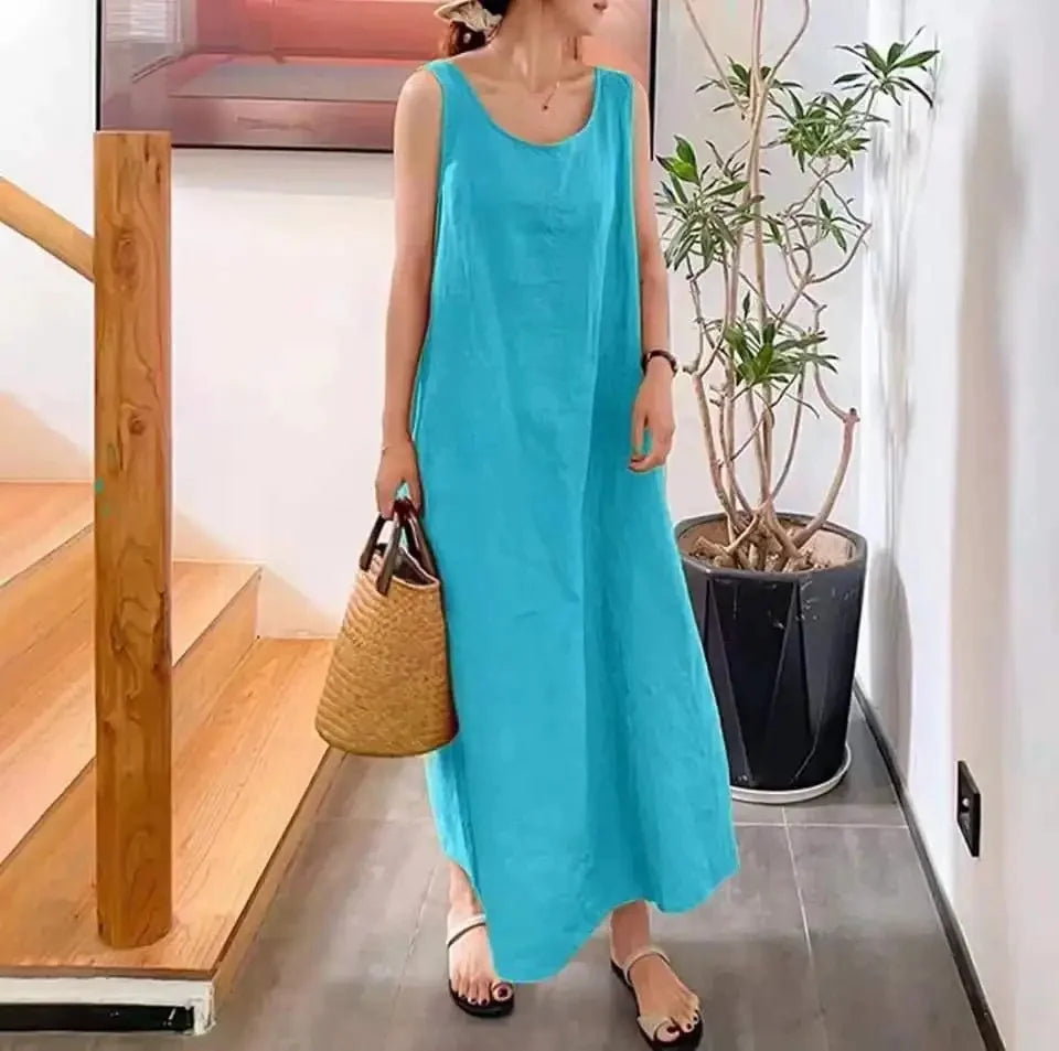 Robe Longue Lin Coton Sans Manches Poches Été | MDN Store