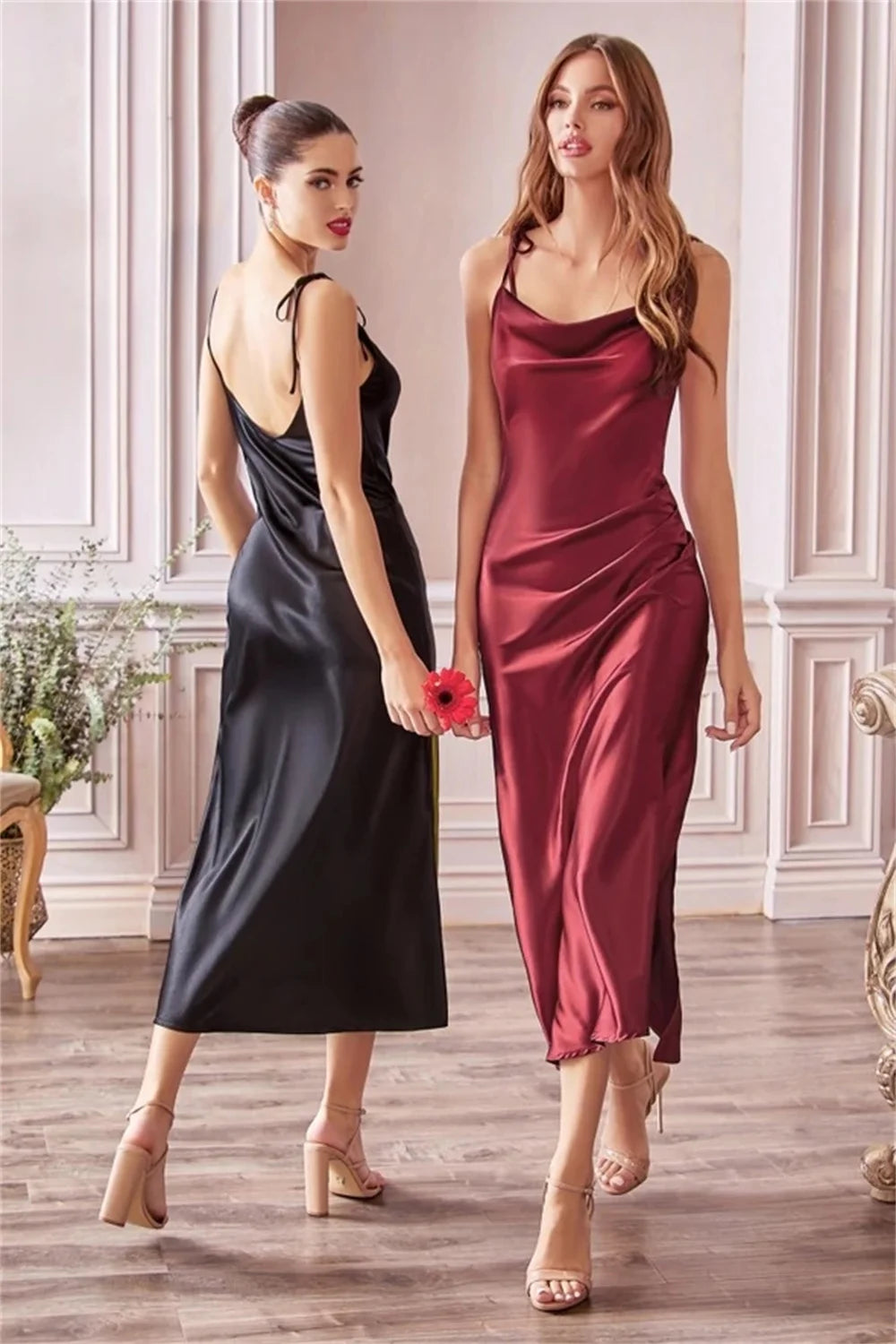 Robe Longue Satinee Col Benitier Bretelles Nouees Fente Haute | MDN Store