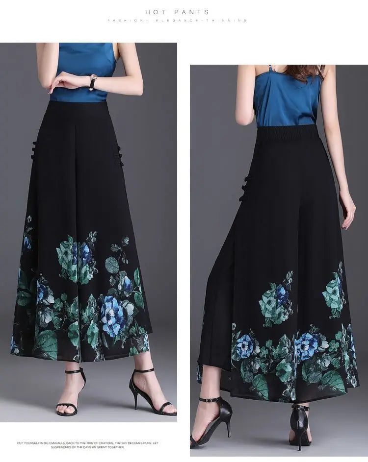 Pantalon Grande Femme Mousseline Floral Noir Jaune | MDN Store