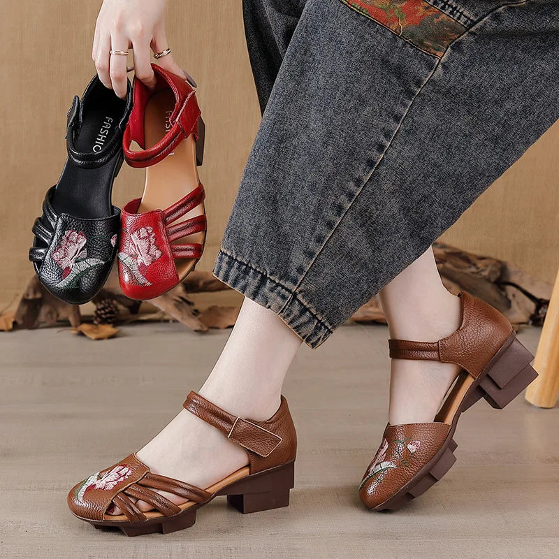 Sandales Talons Carrés Cuir Brodées Lorilury | MDN Store