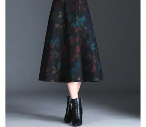 Jupe Midi Femme Laine Imprimée Taille Haute - Automne Hiver A-line | MDN Store