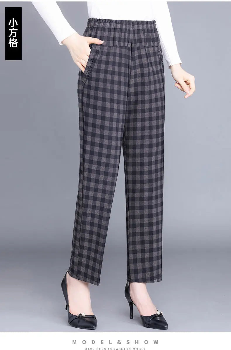 Pantalon Femme Carreaux Taille Élastique - Longueur Cheville Automne Hiver | MDN