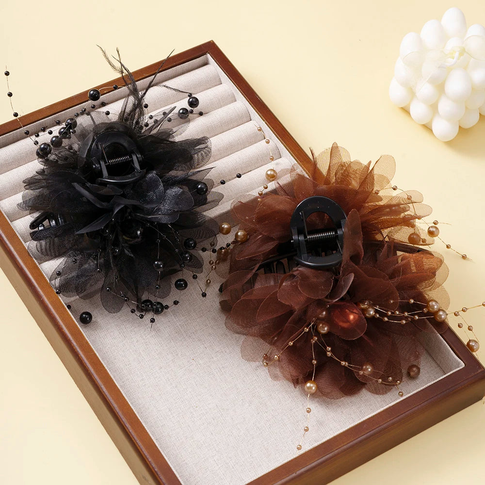 Pince Cheveux Fleur Maille Perle Pompon - Barrette Crabe Élégante | MDN Store