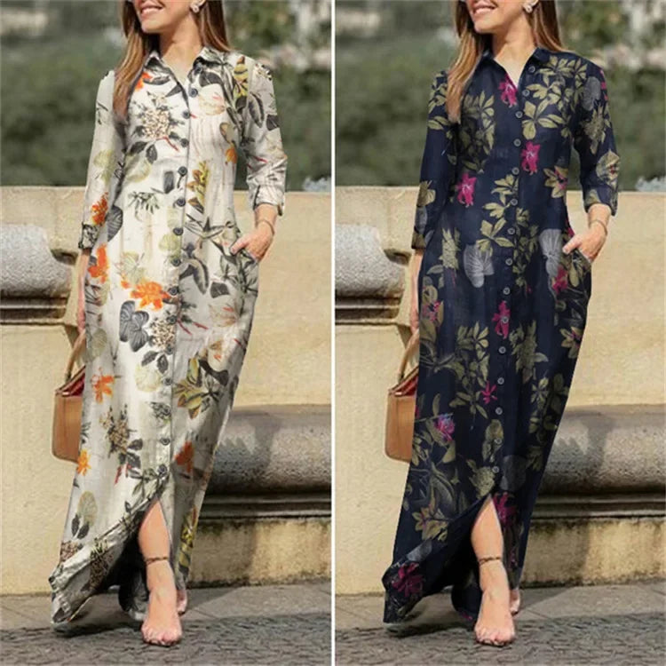 Robe Longue Imprimee Col Chemise Boutonnee Élégante | MDN Store