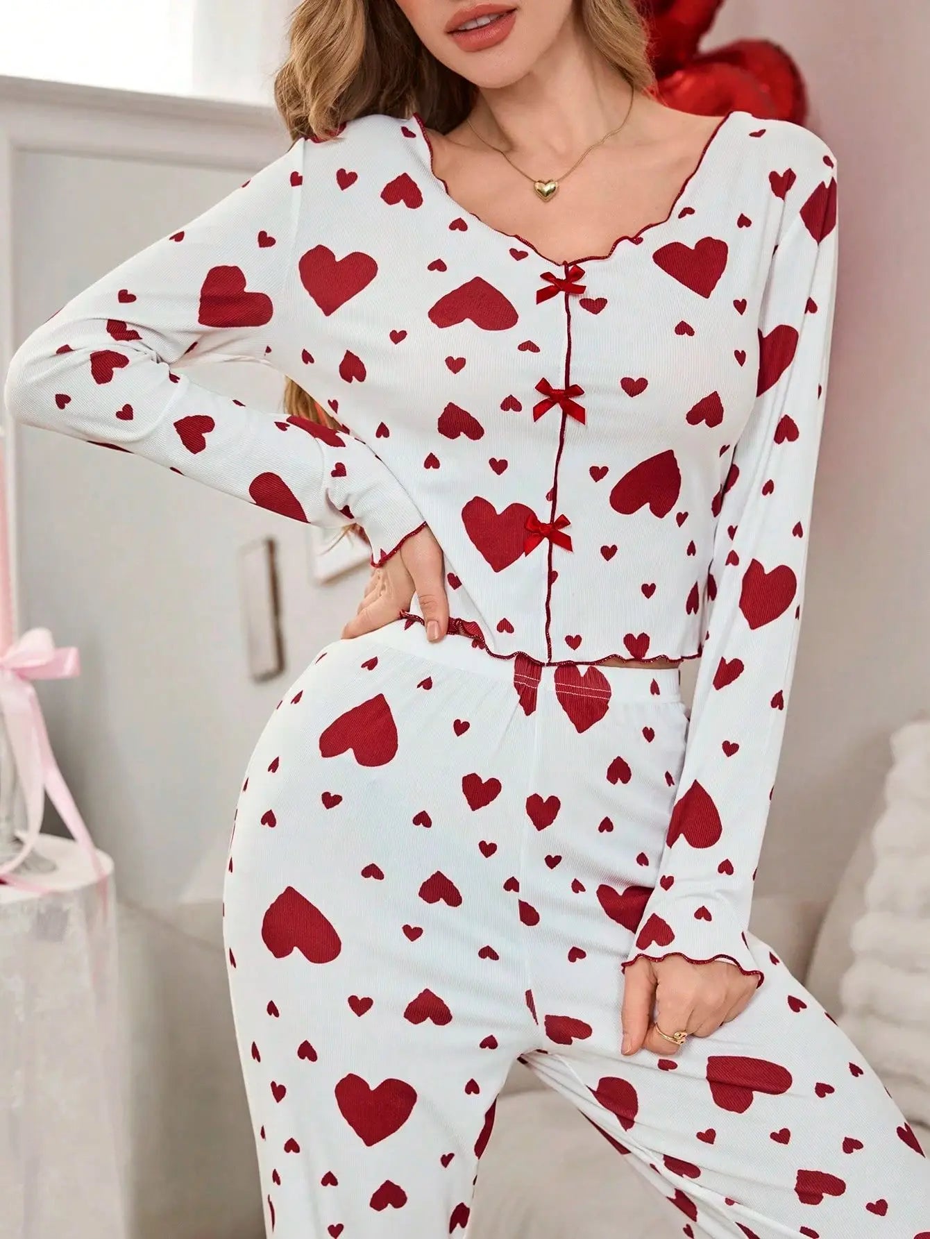 Pyjama Femme 2 Pièces Cœurs Manches Longues | MDN