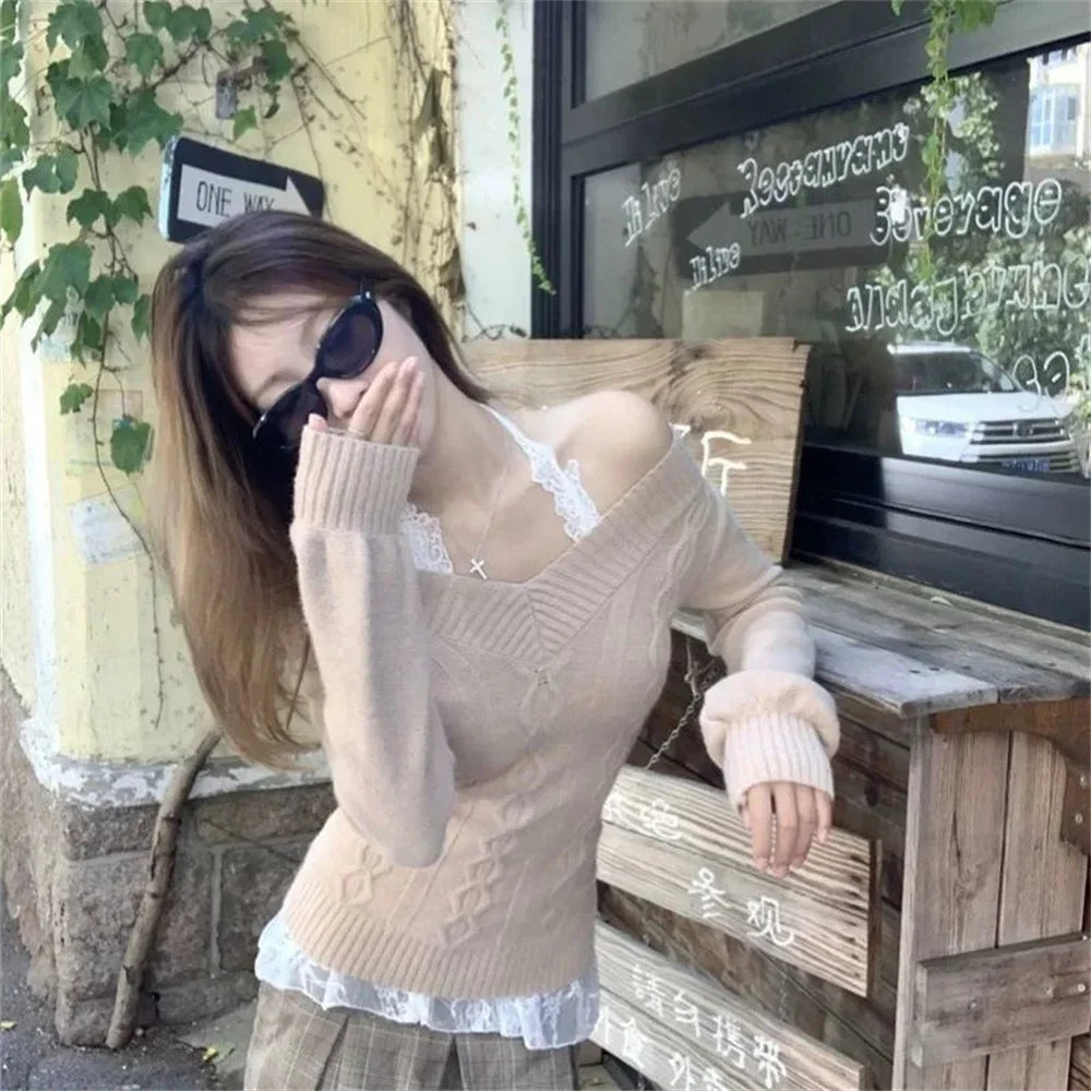 Pull Femme Col V Manches Longues Slim Ajusté Style Vintage 2 Coloris | MDN Store