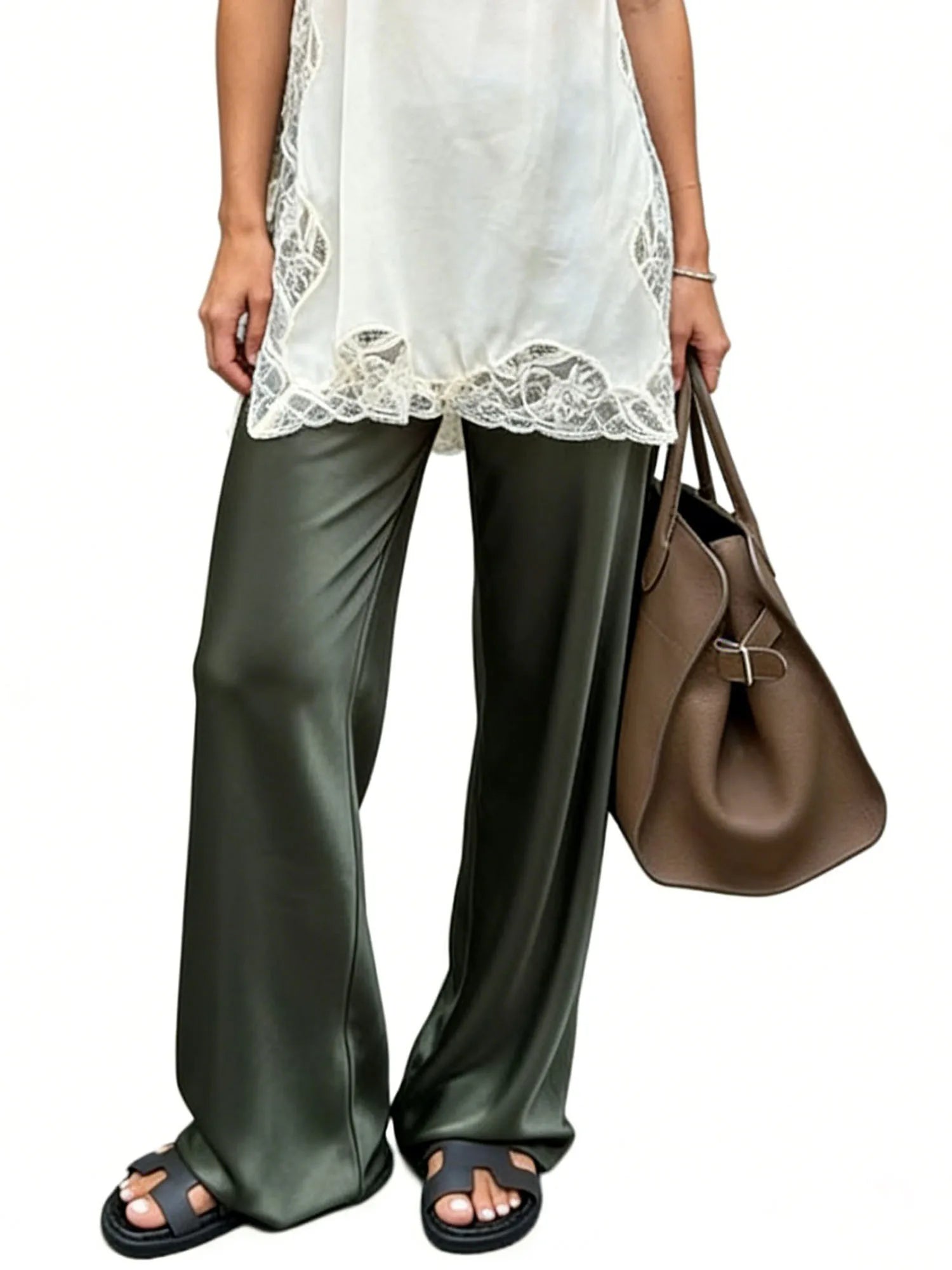Pantalon Large Satin Taille Haute Femme | MDN Store